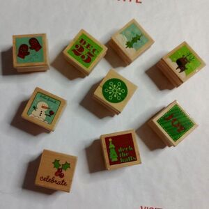 9 Christmas Holiday Collection Wooden Craft Rubber Stamps Reindeer Snow Holy EUC